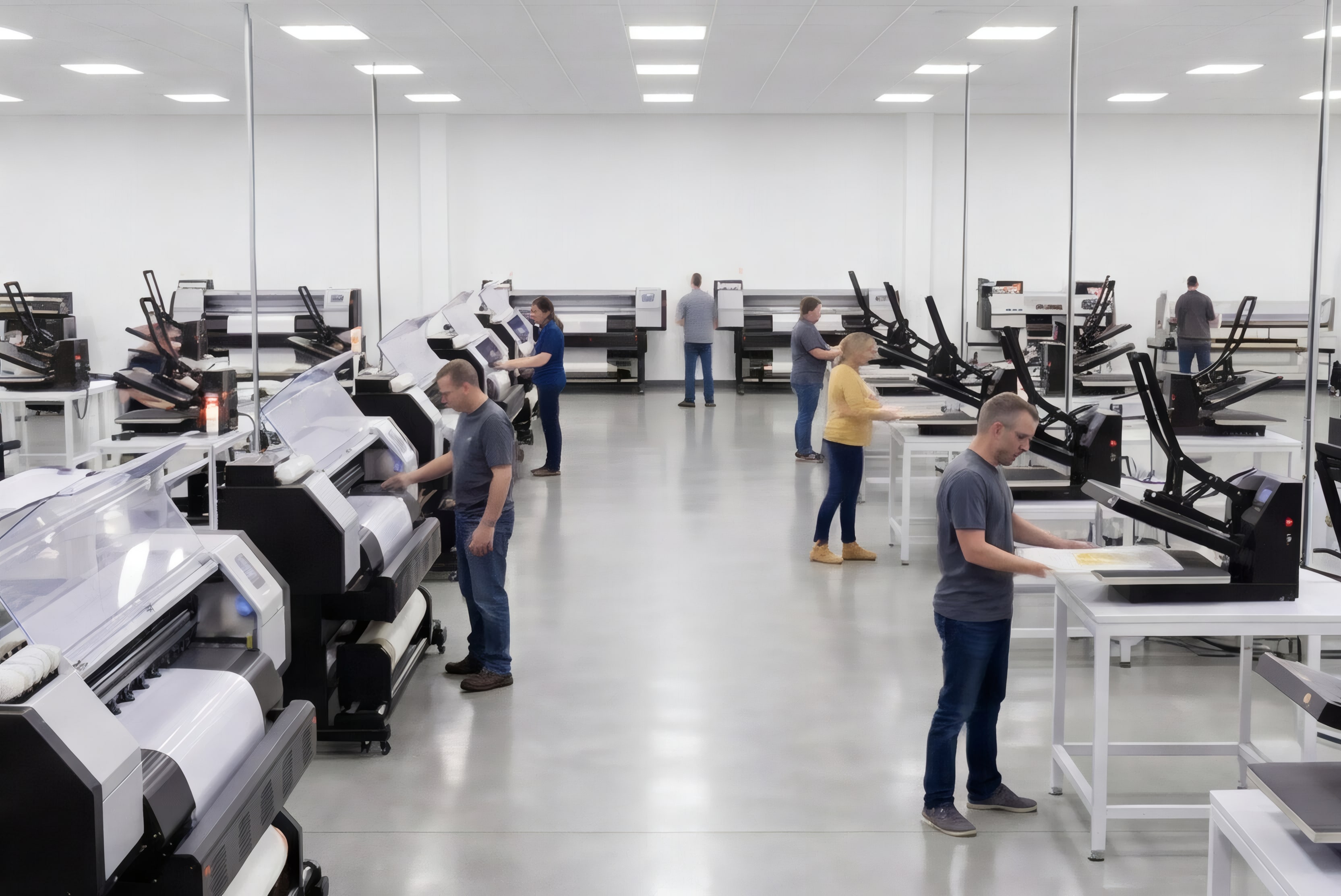 Team von Printsyndikat im Maschinenraum für Textilveredelung in Niederkrüchten